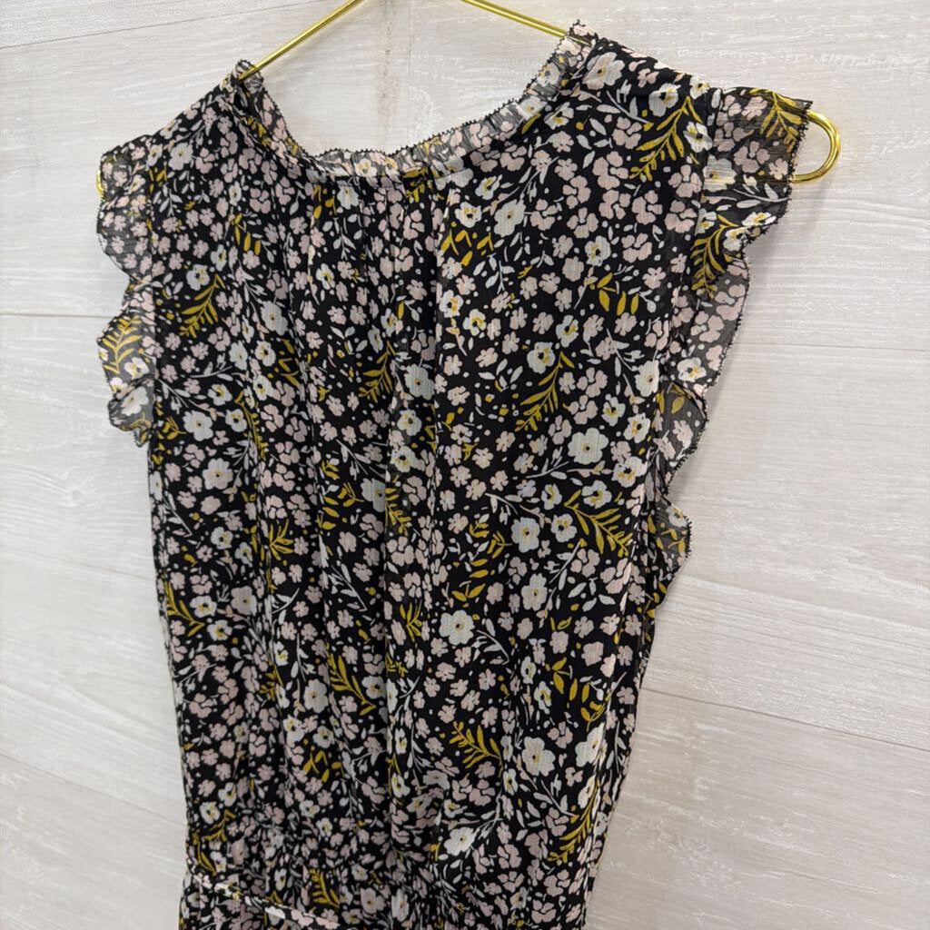 Loft Black/ Multi Floral Print Tie Waist Dress Medium