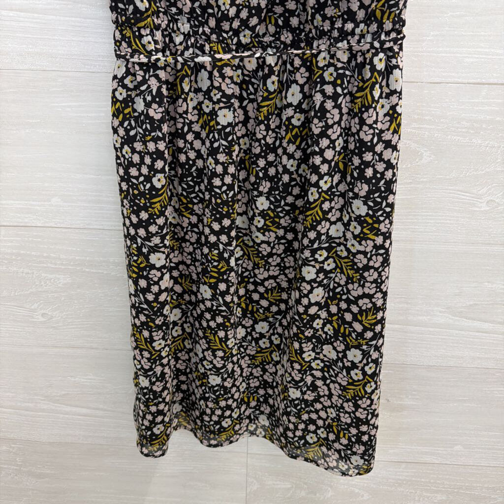 Loft Black/ Multi Floral Print Tie Waist Dress Medium