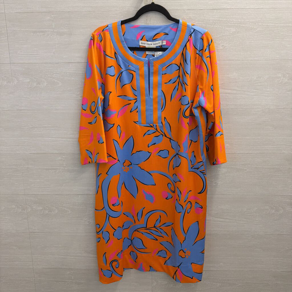 Gretchen Scott Orange/ Blue Print Long Sleeve Dress Extra Large