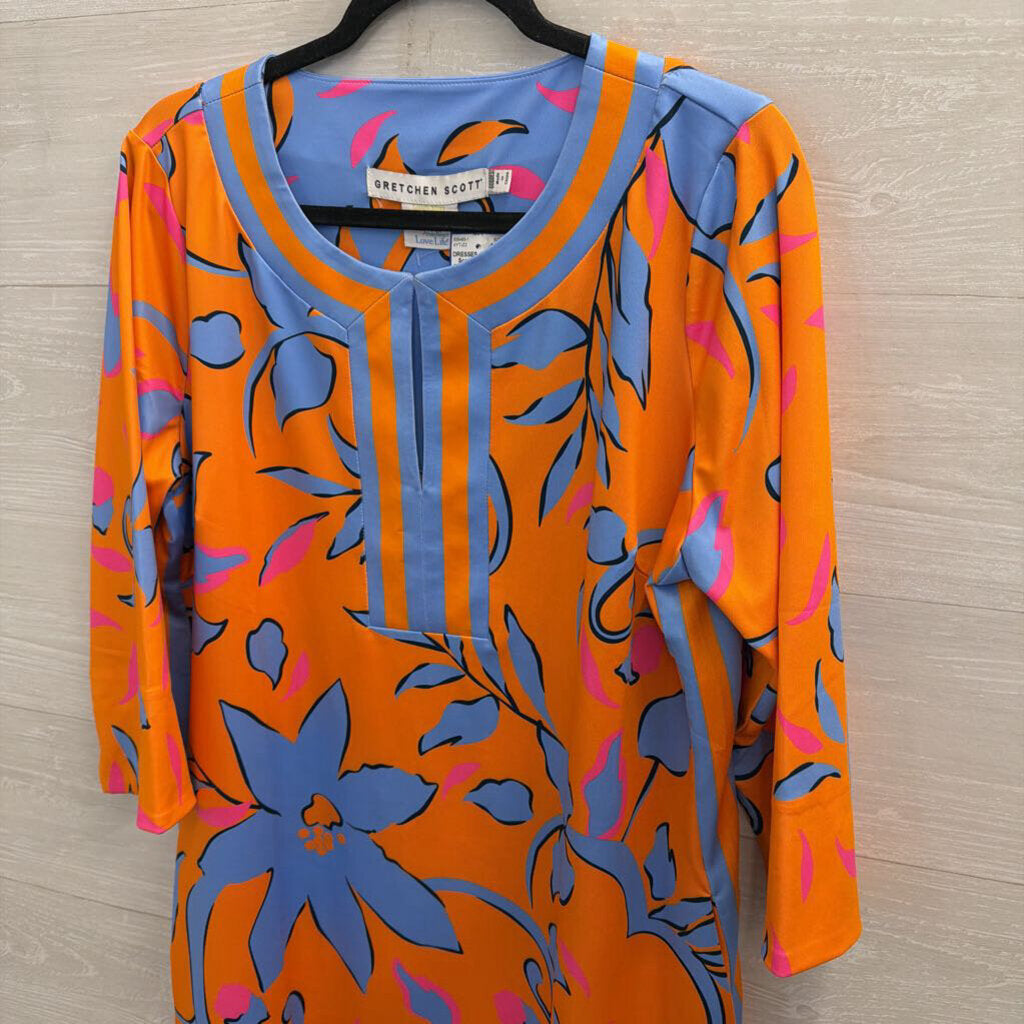 Gretchen Scott Orange/ Blue Print Long Sleeve Dress Extra Large