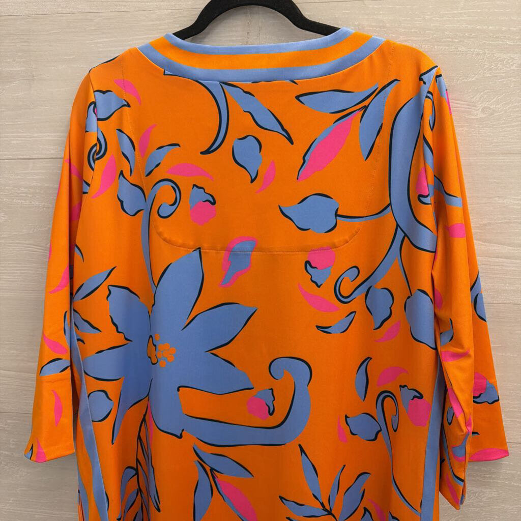 Gretchen Scott Orange/ Blue Print Long Sleeve Dress Extra Large