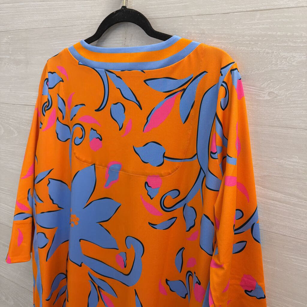 Gretchen Scott Orange/ Blue Print Long Sleeve Dress Extra Large
