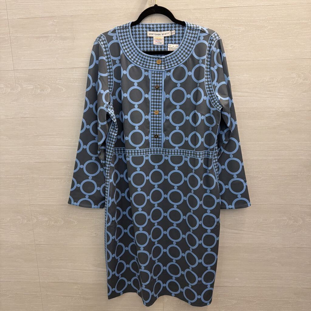 Gretchen Scott Grey/ Blue Print Long Sleeve Dress Extra Large