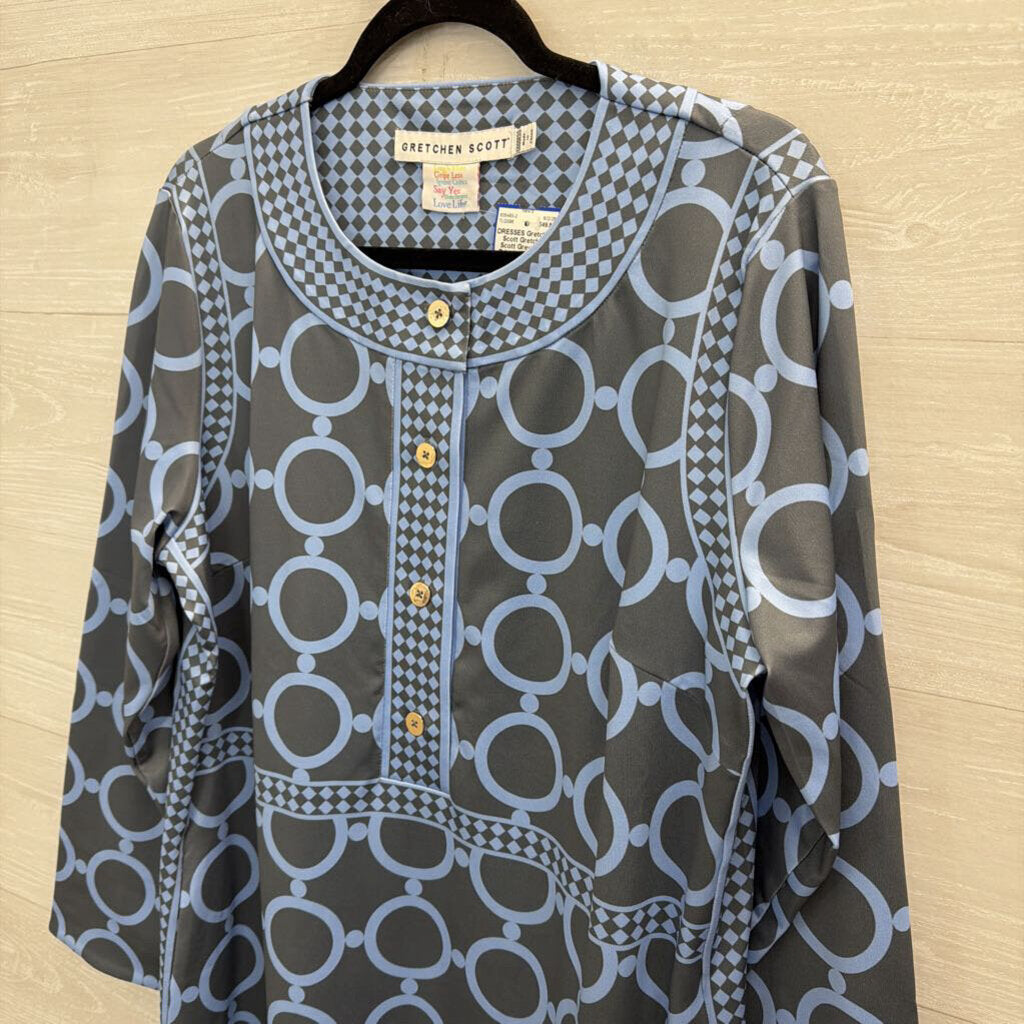 Gretchen Scott Grey/ Blue Print Long Sleeve Dress Extra Large