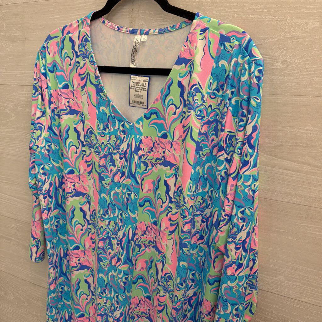 Lulu B Blue/ Multi Print Long Sleeve Maxi Dress 1X