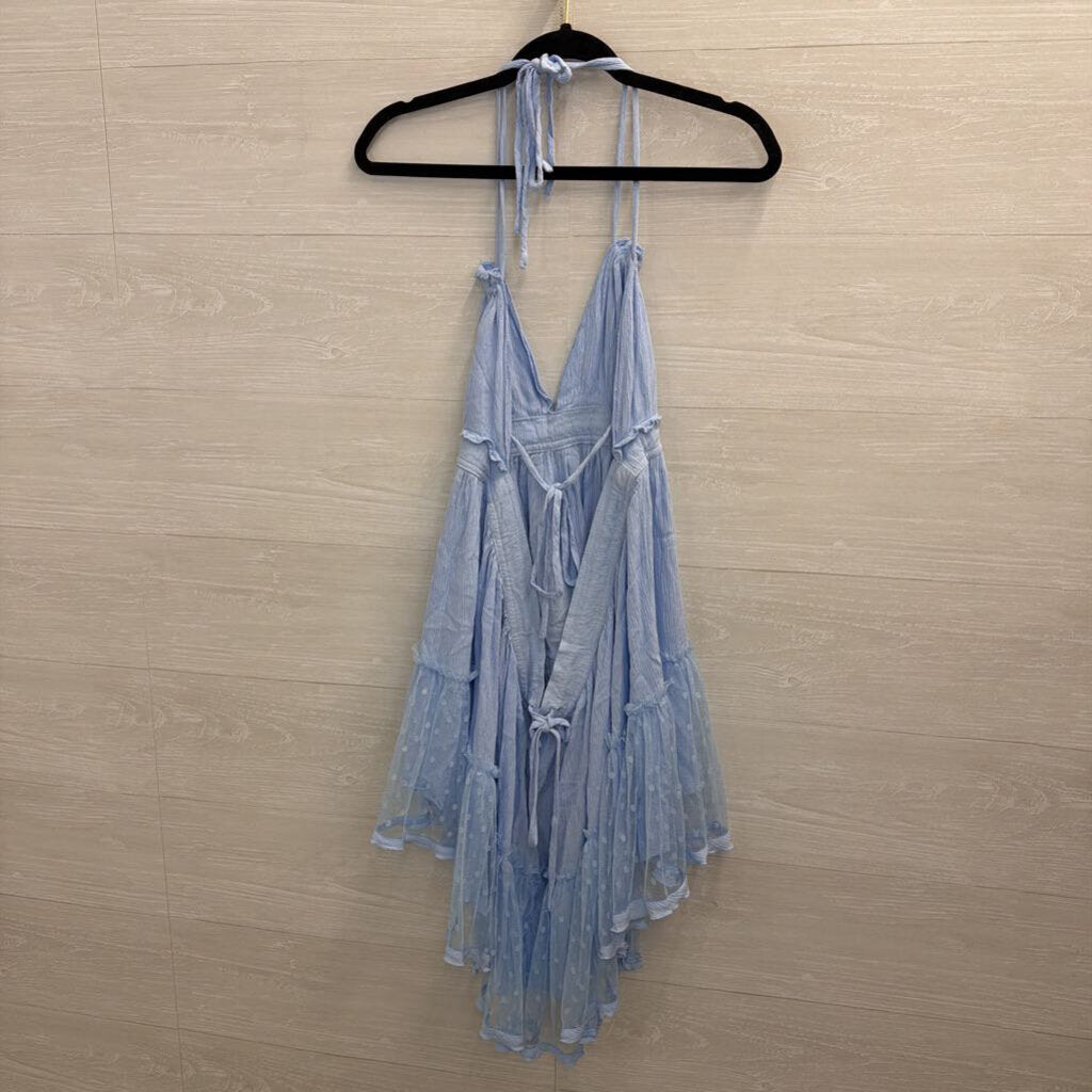 Blue Halter Neck Polka Dot Hem Mini Dress Large