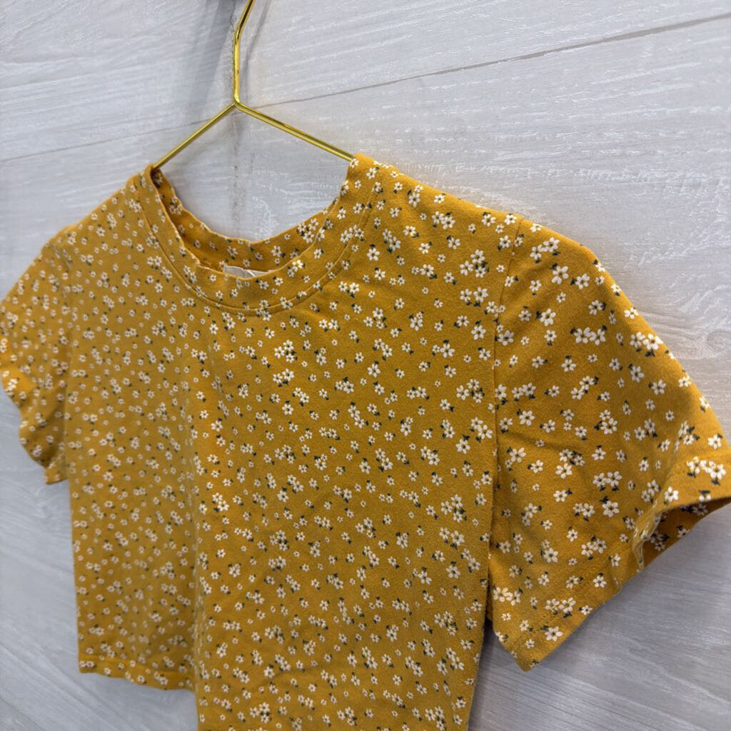 Outlaw Yellow Floral Print Cropped Short Sleeve Top Large