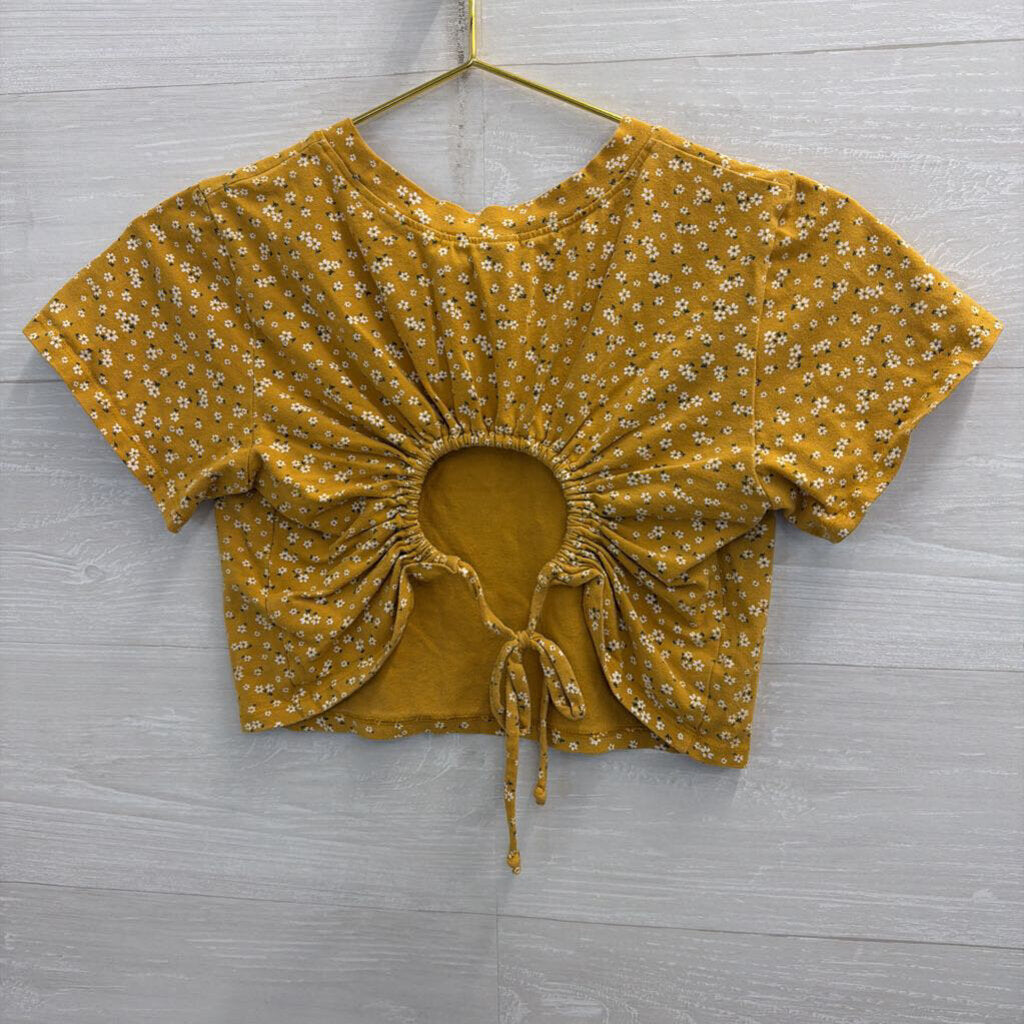 Outlaw Yellow Floral Print Cropped Short Sleeve Top Large