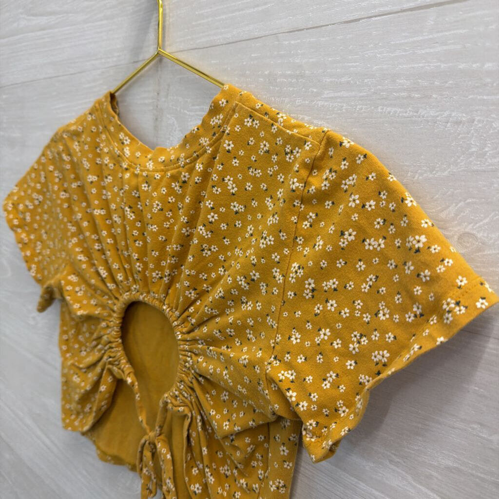 Outlaw Yellow Floral Print Cropped Short Sleeve Top Large