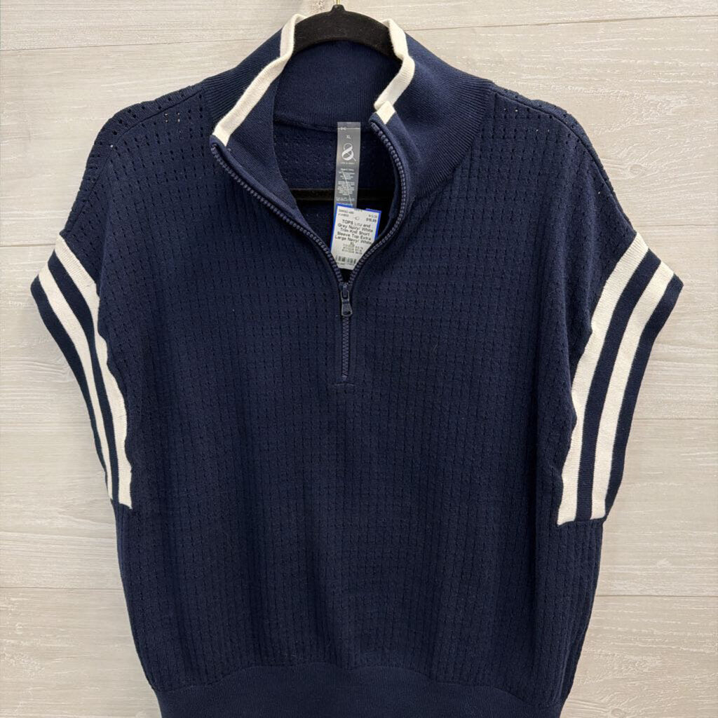 Navy/ White Trim Knit Short Sleeve Top Extra Large