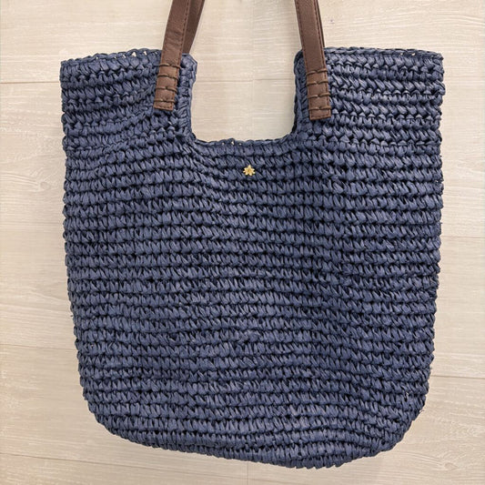 Cappelli Navy Woven Straw Leather Strap Tote Purse
