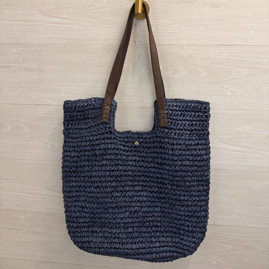 Cappelli Navy Woven Straw Leather Strap Tote Purse