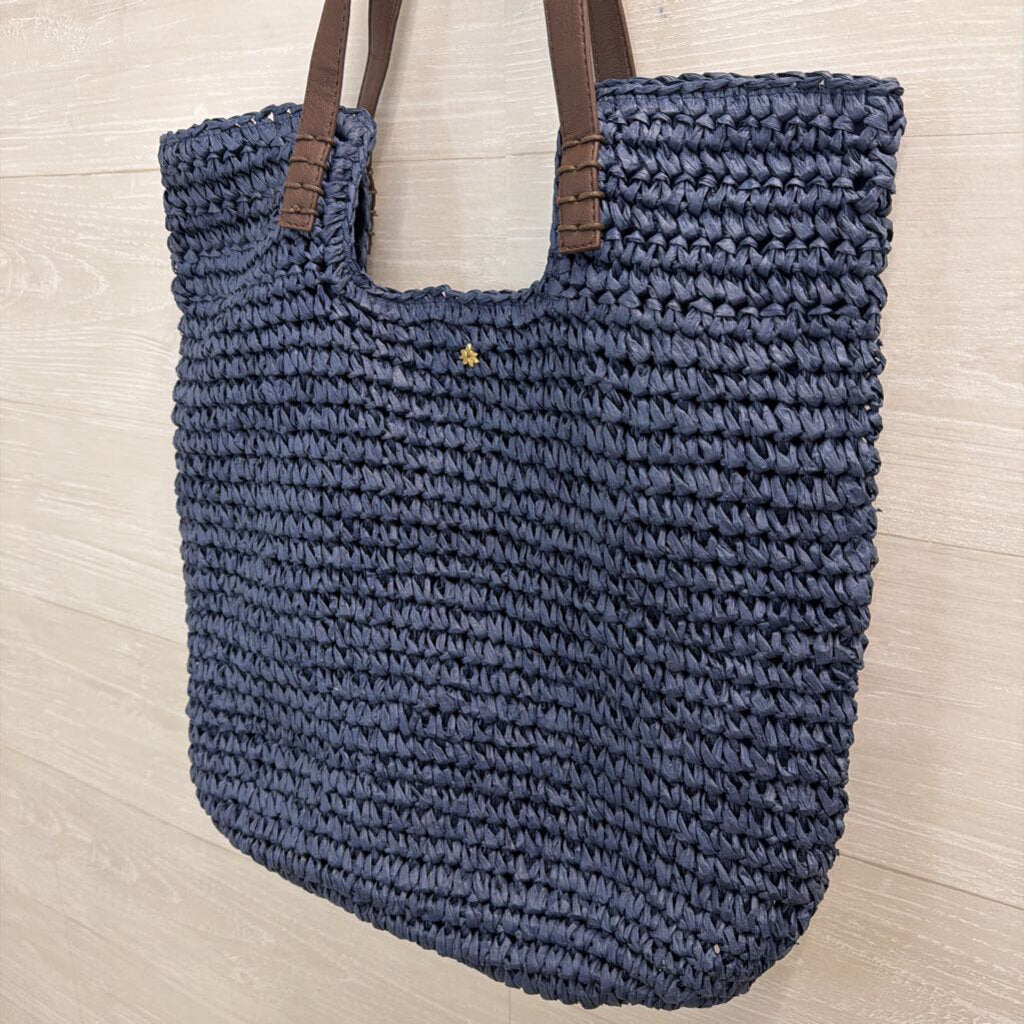 Cappelli Navy Woven Straw Leather Strap Tote Purse