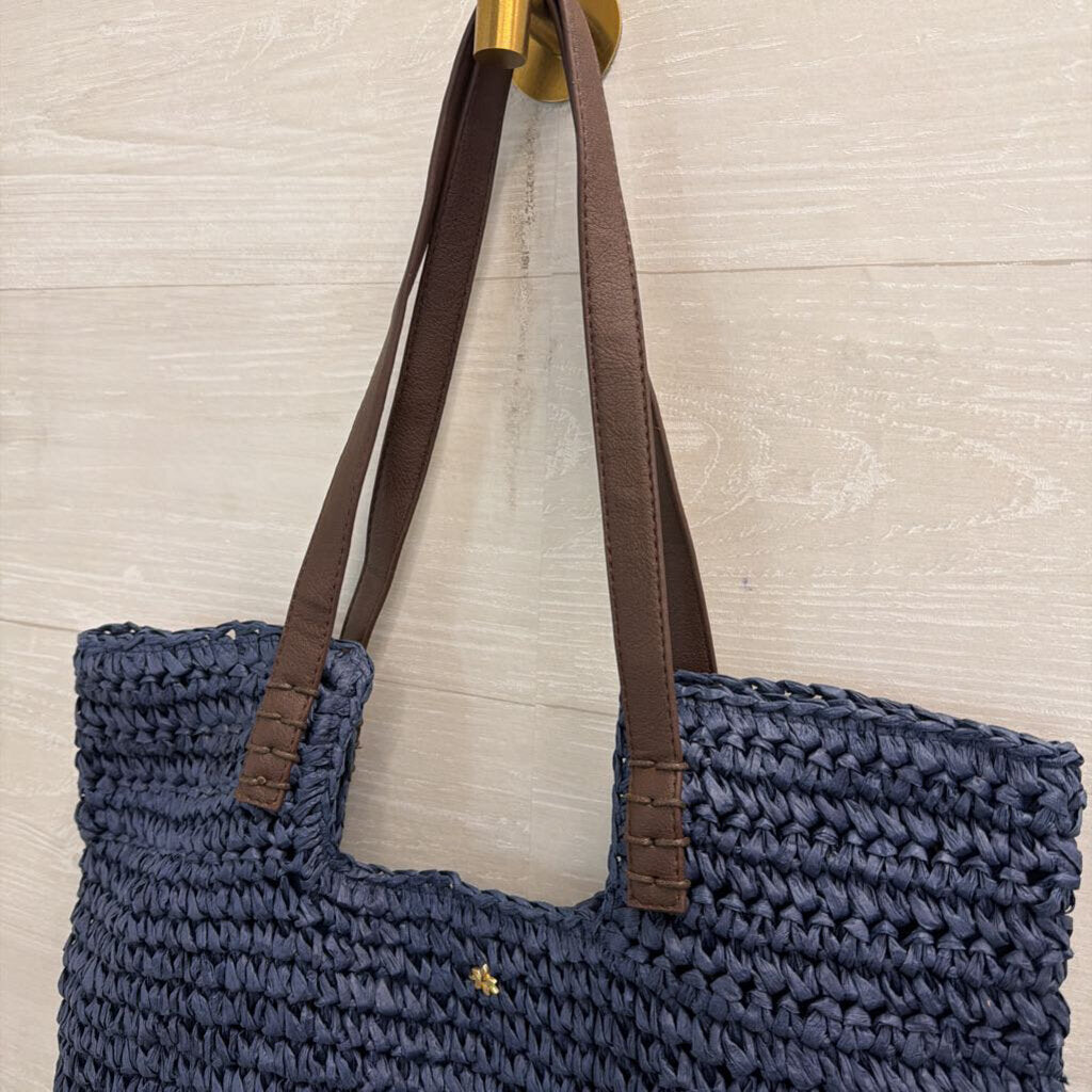 Cappelli Navy Woven Straw Leather Strap Tote Purse
