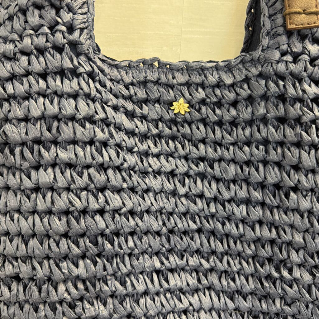 Cappelli Navy Woven Straw Leather Strap Tote Purse