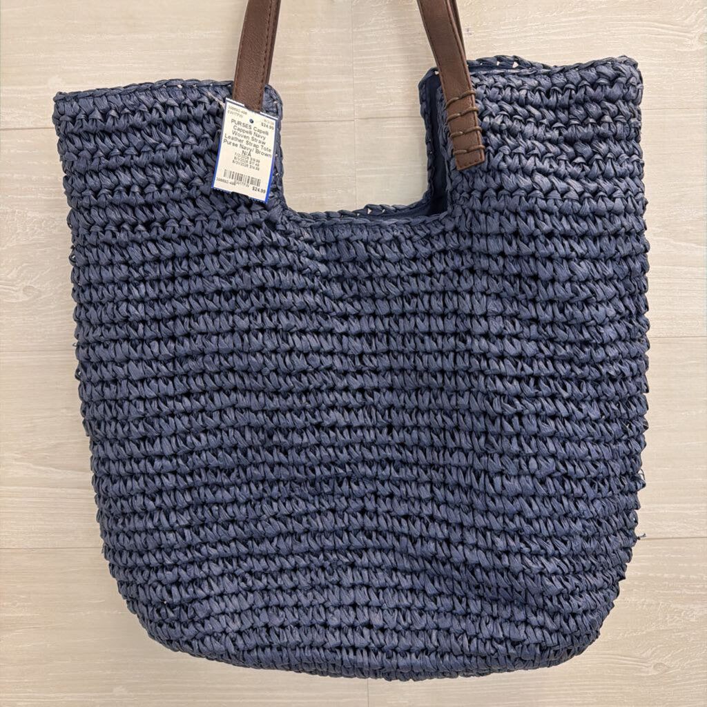 Cappelli Navy Woven Straw Leather Strap Tote Purse