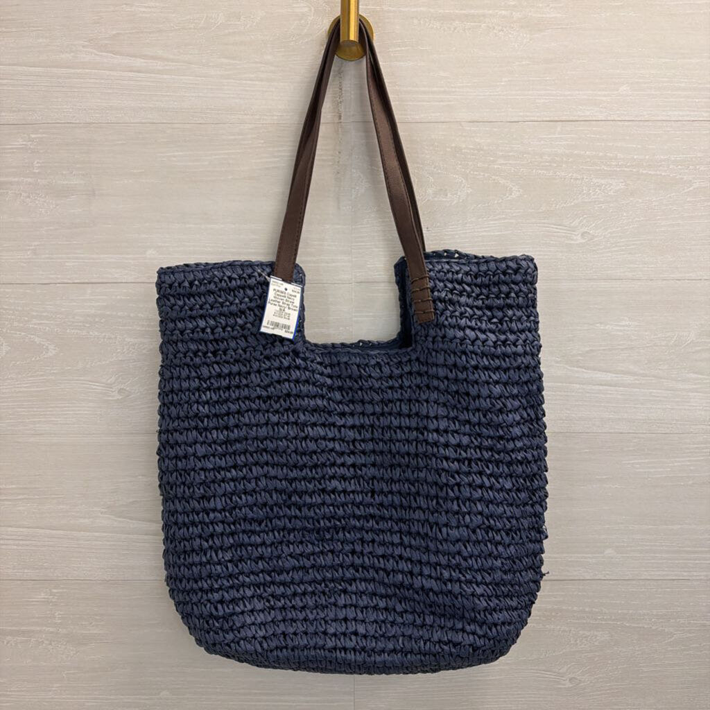 Cappelli Navy Woven Straw Leather Strap Tote Purse