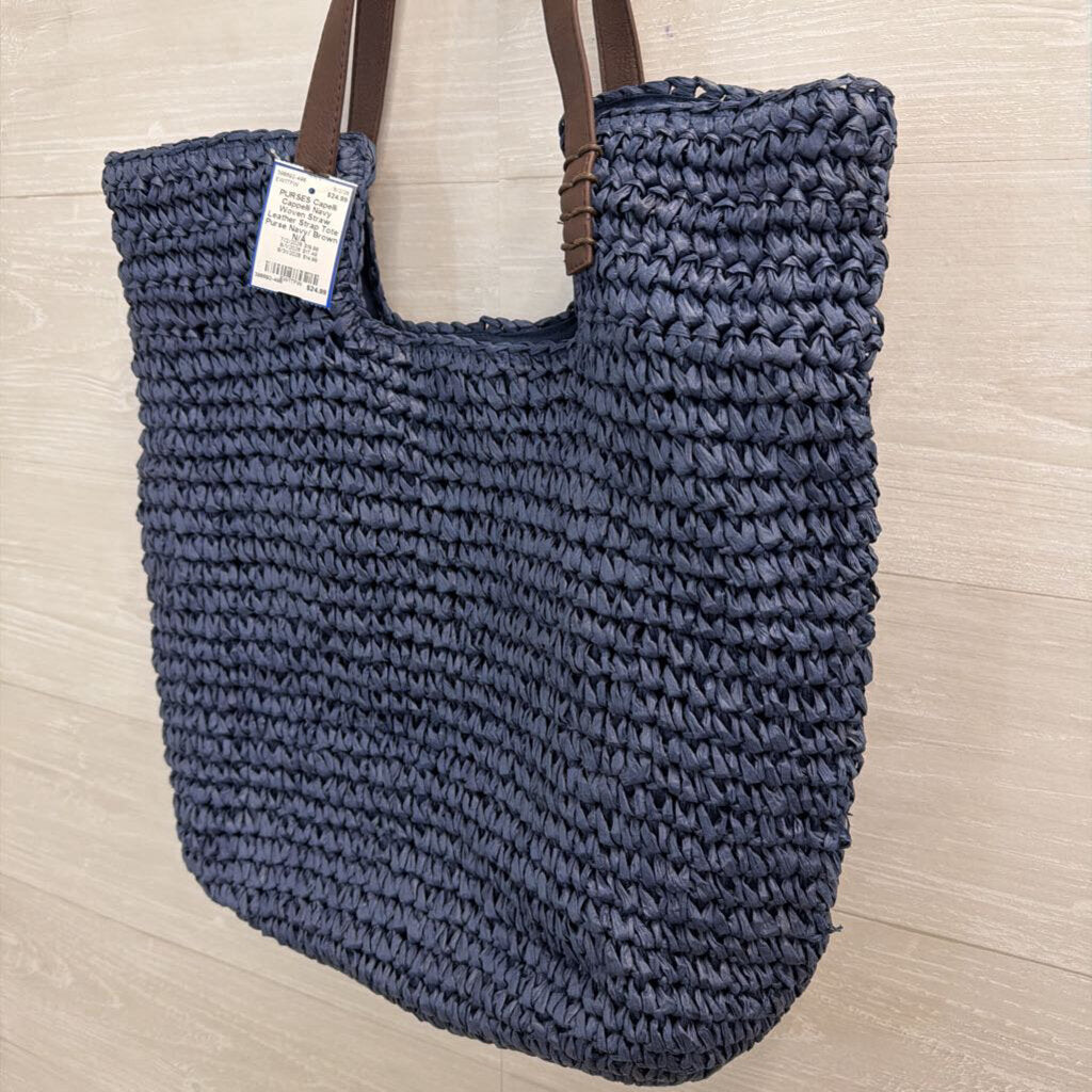 Cappelli Navy Woven Straw Leather Strap Tote Purse