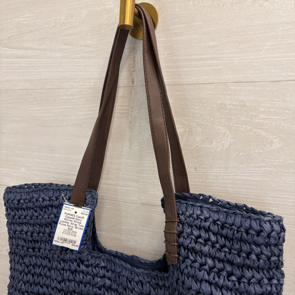 Cappelli Navy Woven Straw Leather Strap Tote Purse