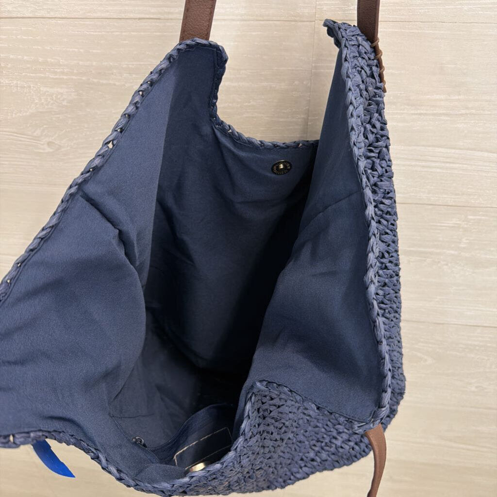 Cappelli Navy Woven Straw Leather Strap Tote Purse