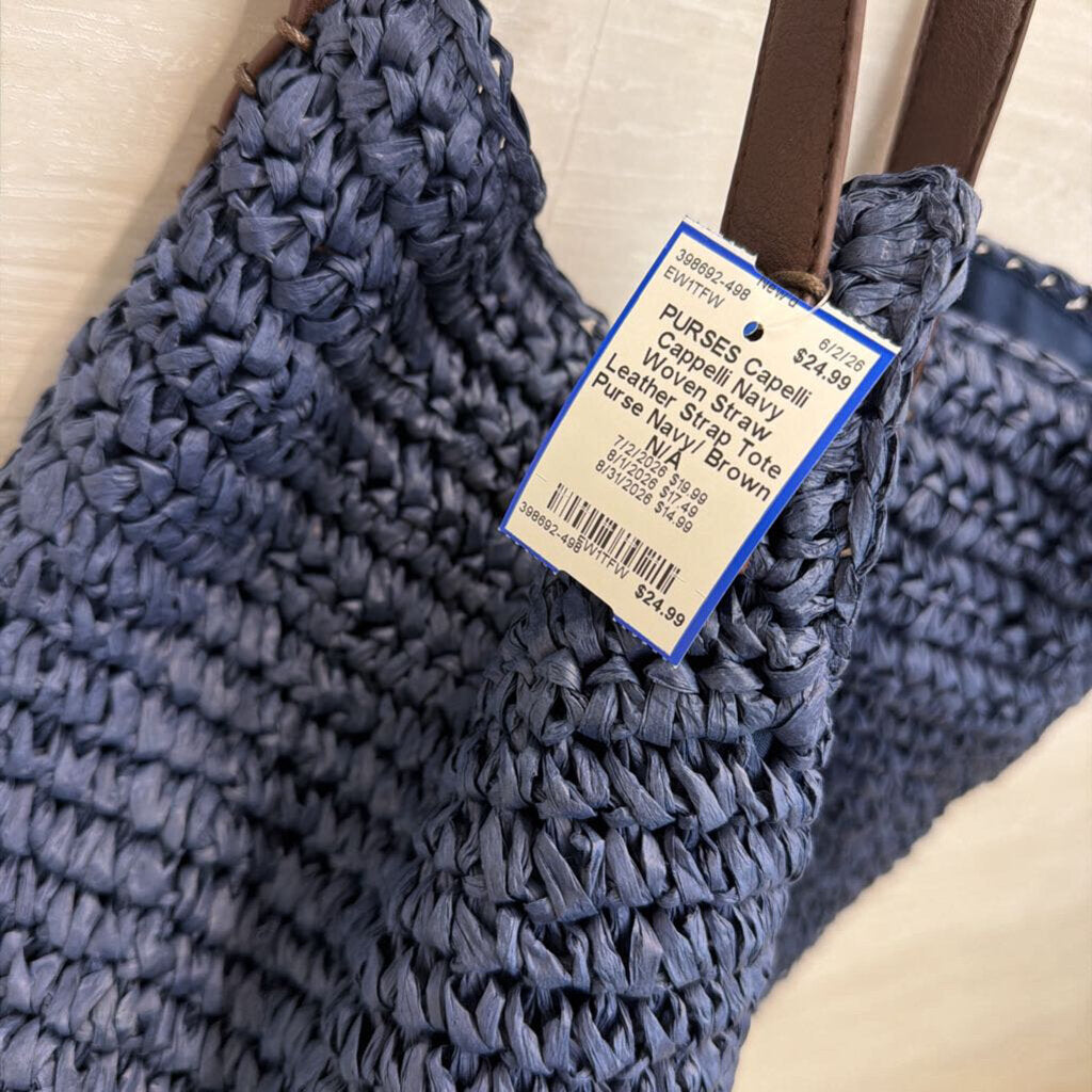 Cappelli Navy Woven Straw Leather Strap Tote Purse
