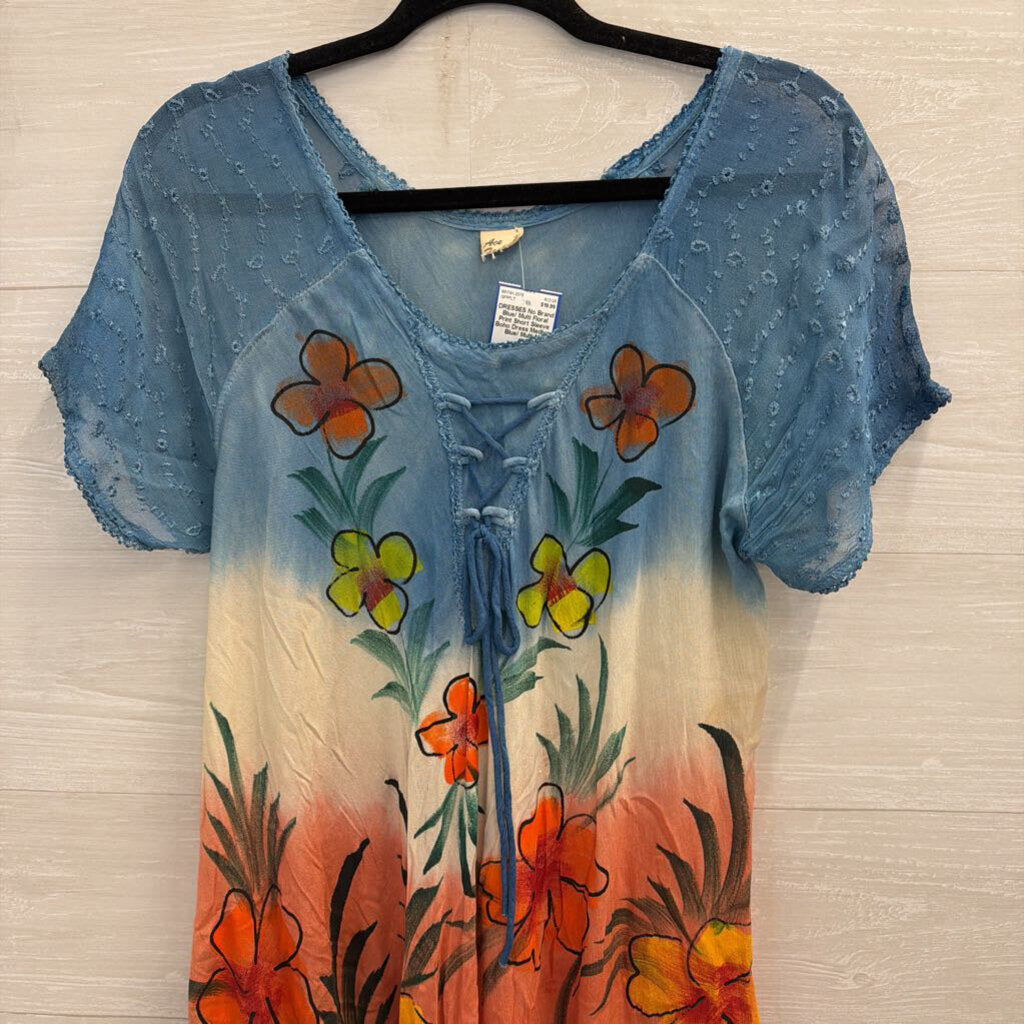 Blue/ Multi Floral Print Short Sleeve Boho Dress Medium