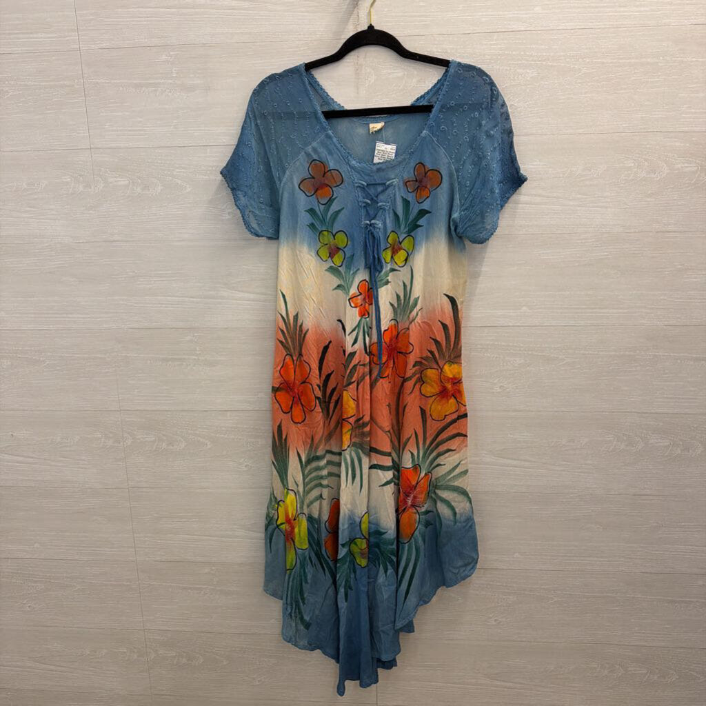 Blue/ Multi Floral Print Short Sleeve Boho Dress Medium
