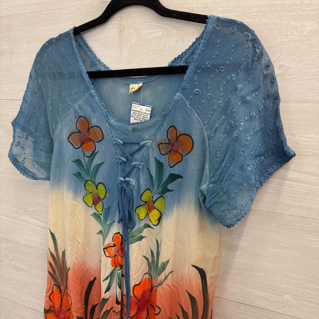 Blue/ Multi Floral Print Short Sleeve Boho Dress Medium