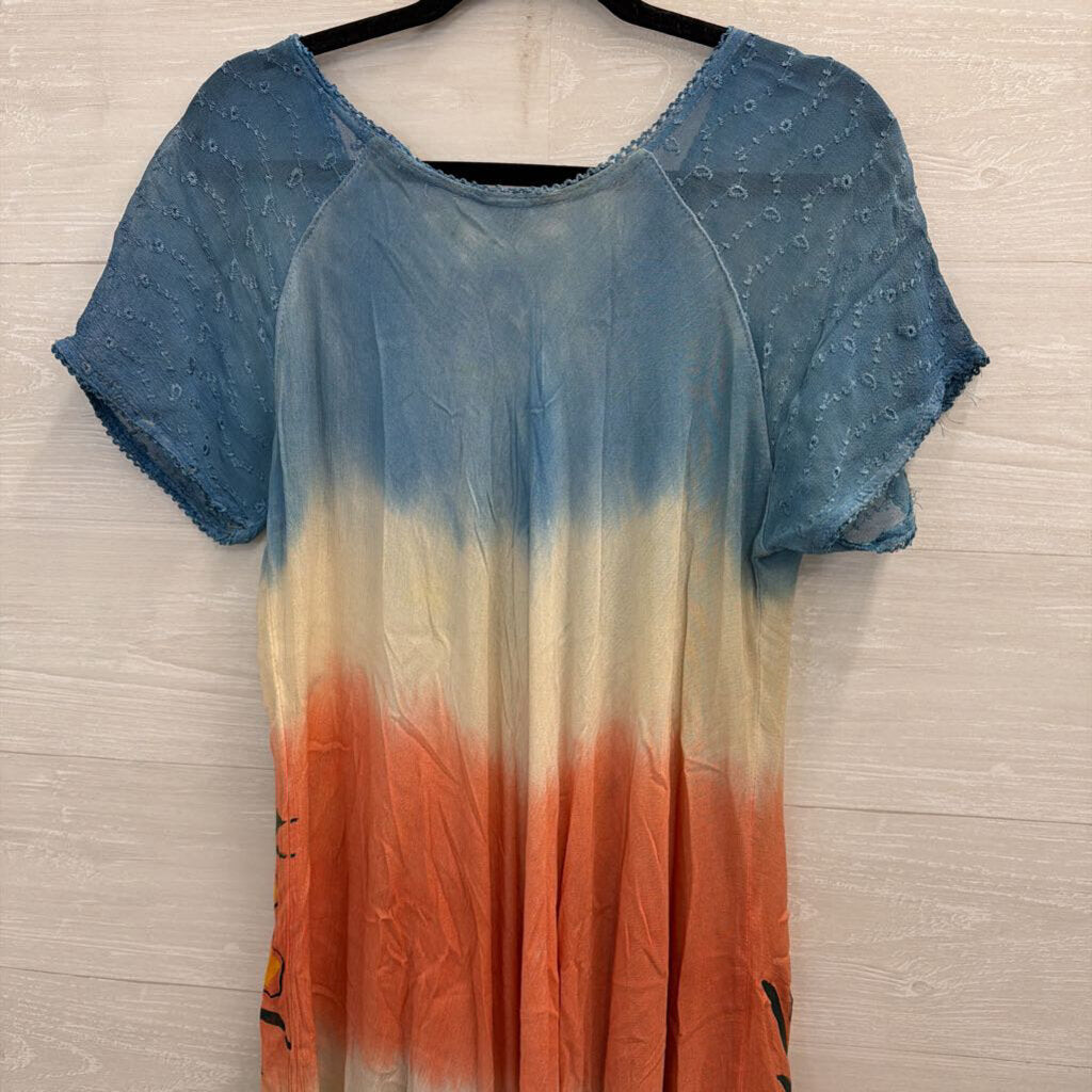 Blue/ Multi Floral Print Short Sleeve Boho Dress Medium