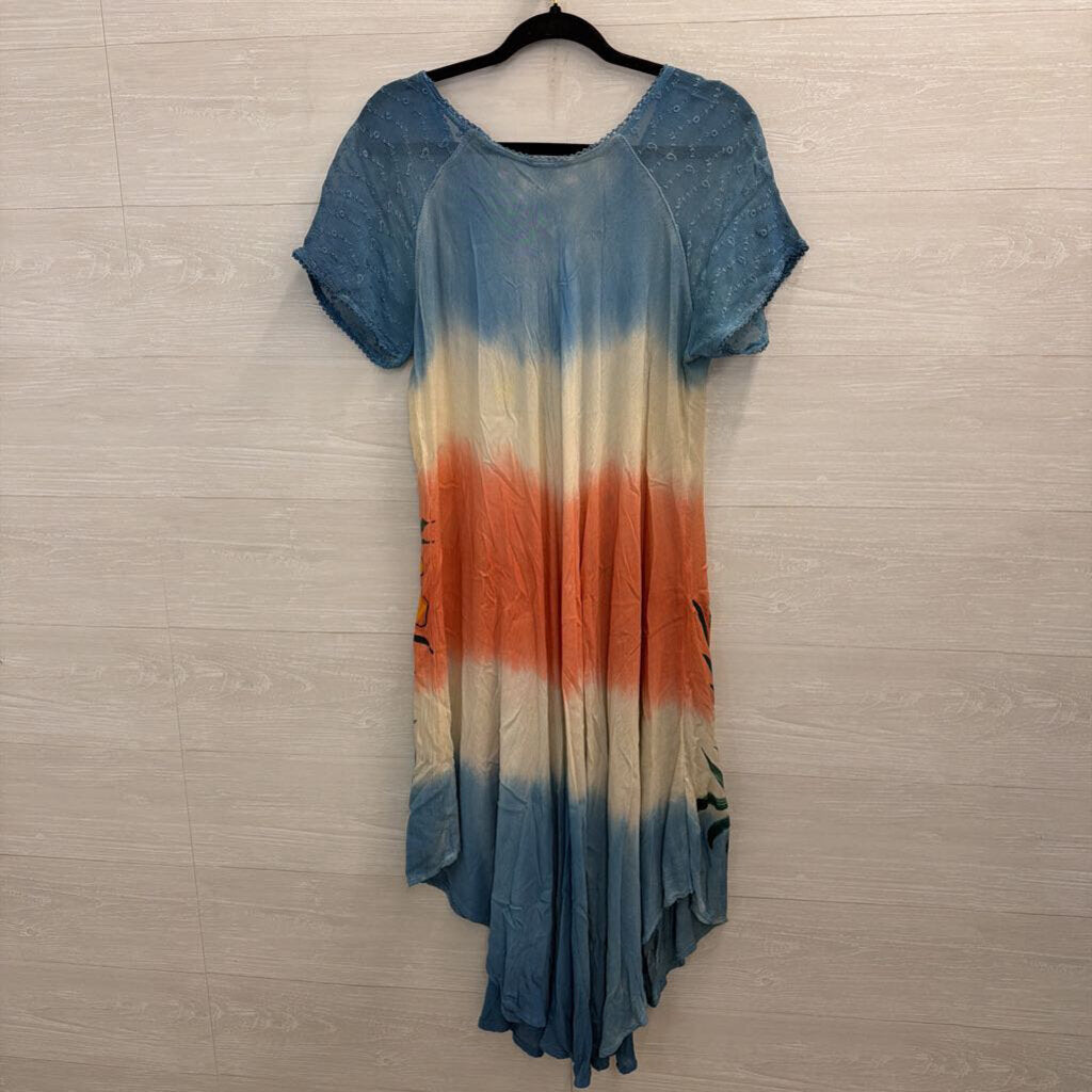 Blue/ Multi Floral Print Short Sleeve Boho Dress Medium