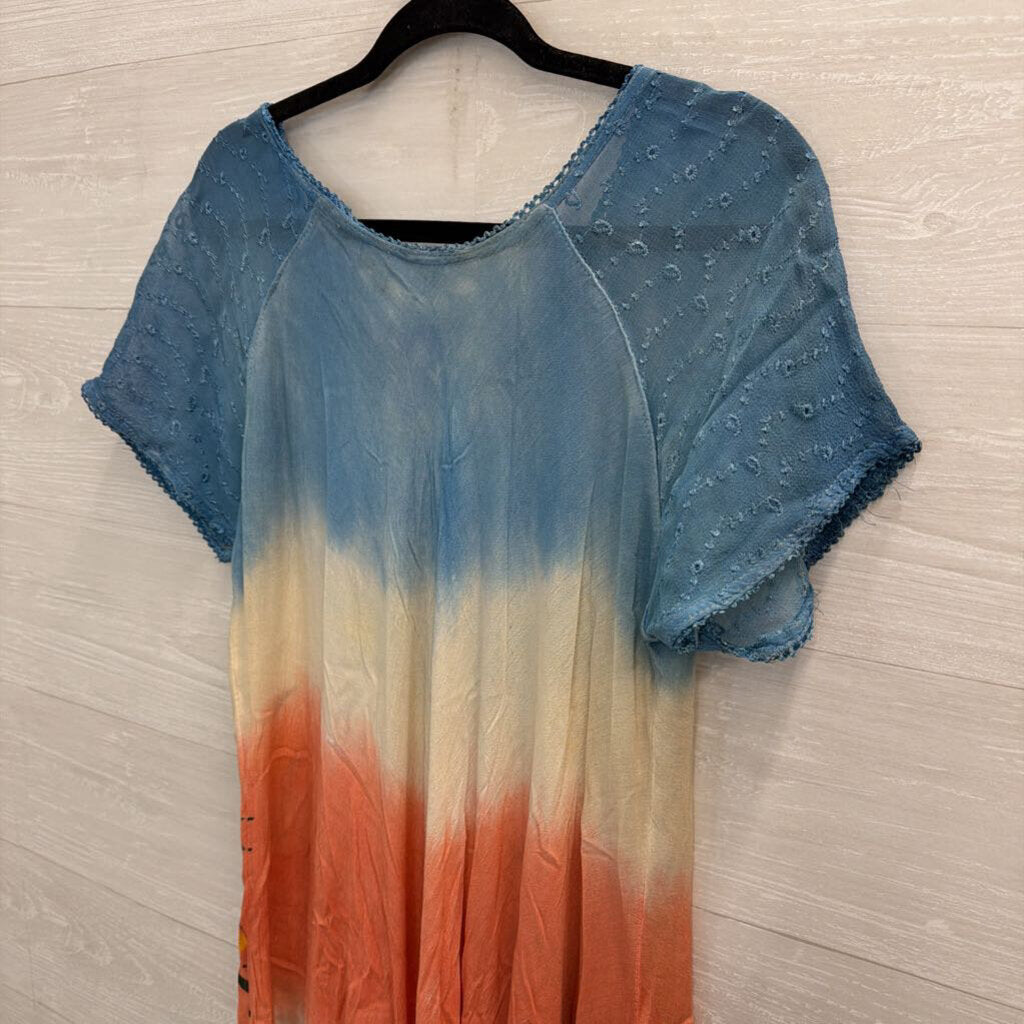Blue/ Multi Floral Print Short Sleeve Boho Dress Medium
