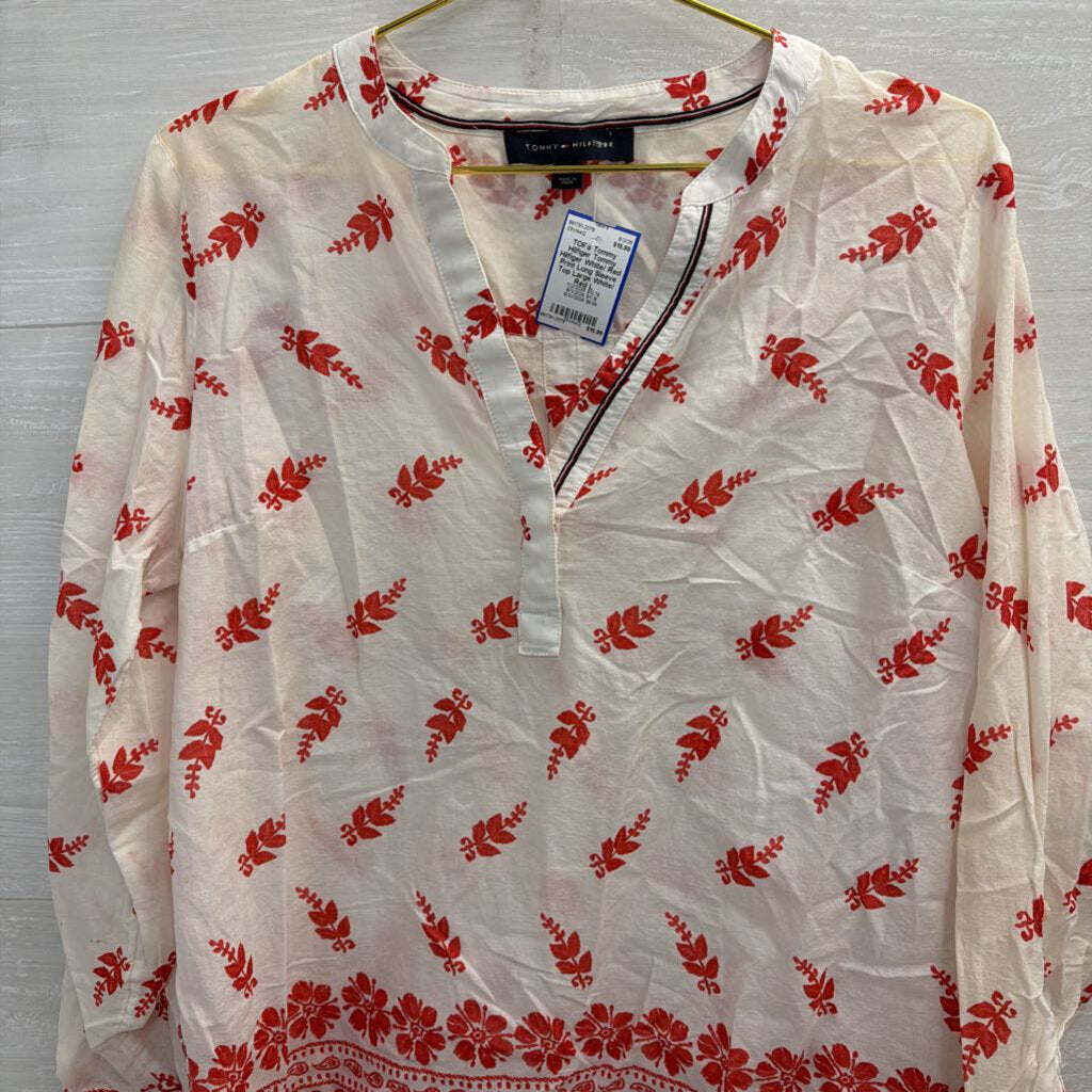 Tommy Hilfiger White/ Red Print Long Sleeve Top Large