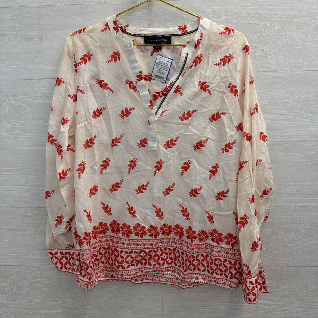 Tommy Hilfiger White/ Red Print Long Sleeve Top Large