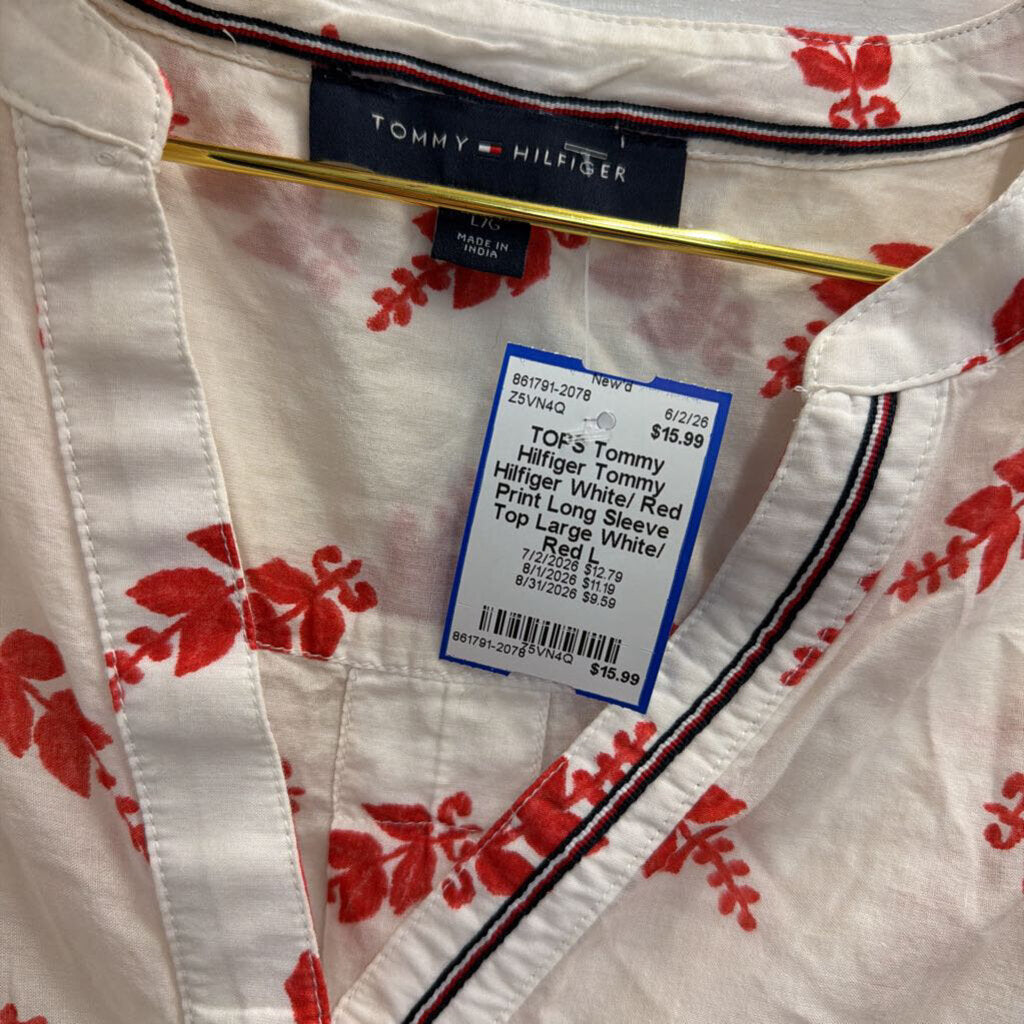 Tommy Hilfiger White/ Red Print Long Sleeve Top Large