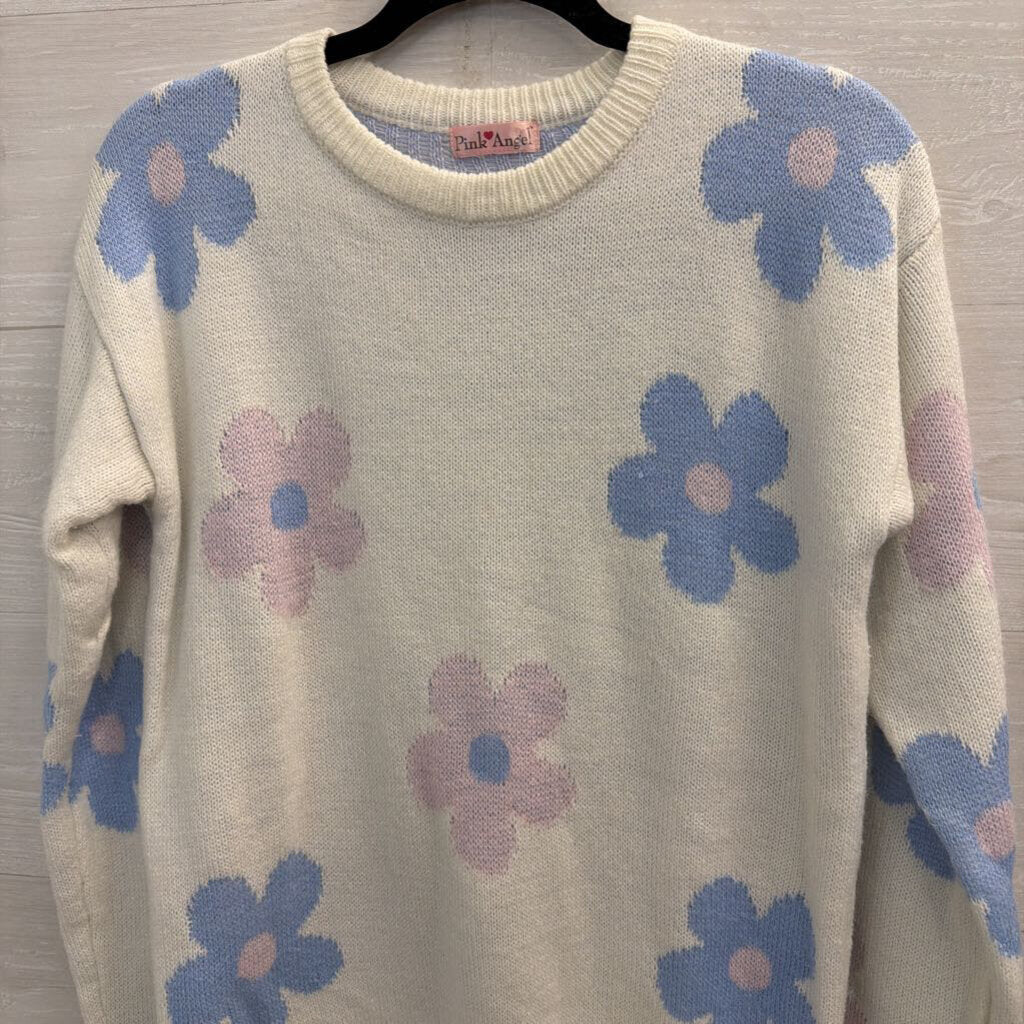 Pink Angel White/ Pink/ Blue Flower Print Sweater Top Medium