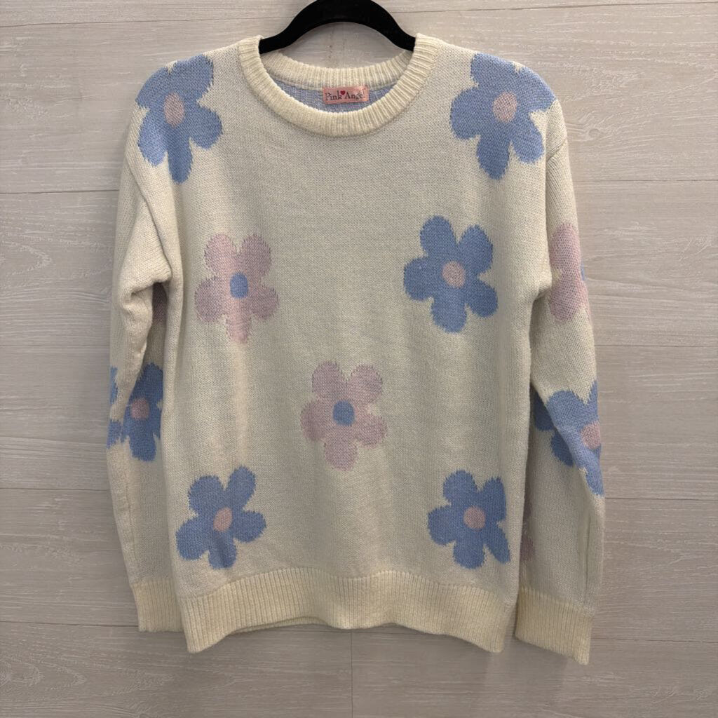 Pink Angel White/ Pink/ Blue Flower Print Sweater Top Medium