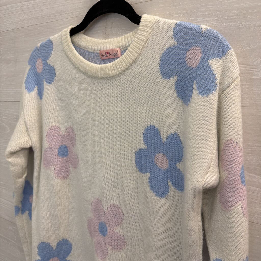 Pink Angel White/ Pink/ Blue Flower Print Sweater Top Medium