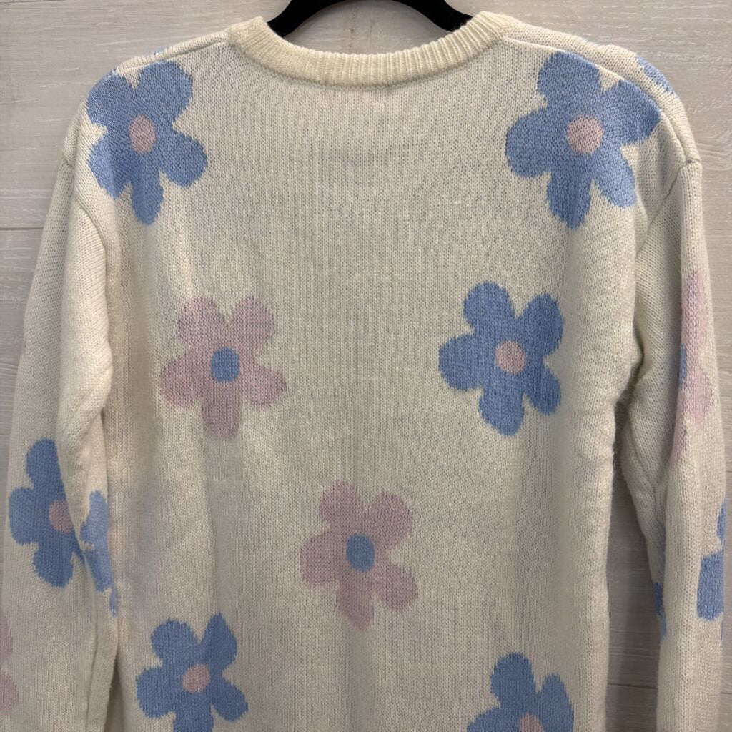 Pink Angel White/ Pink/ Blue Flower Print Sweater Top Medium