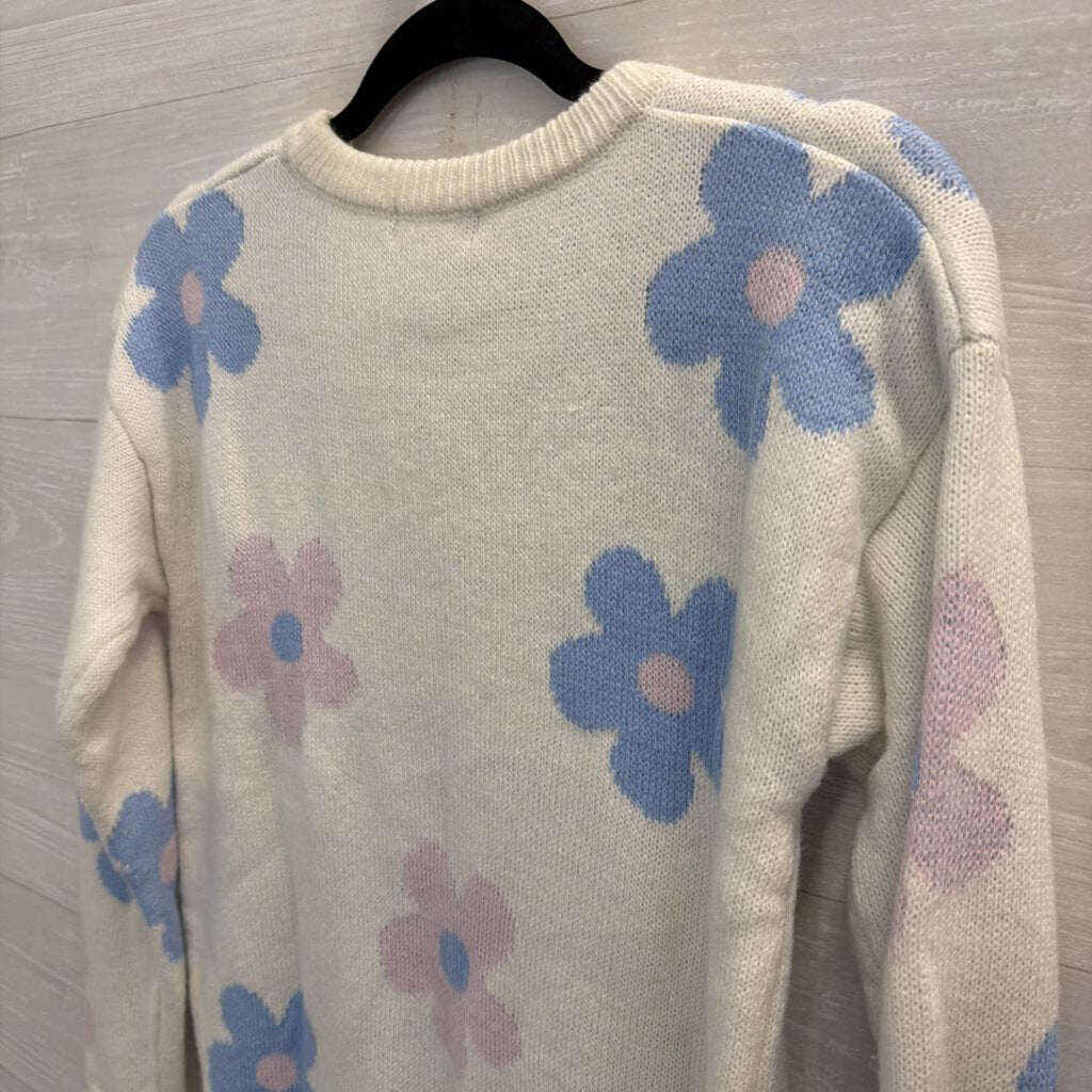 Pink Angel White/ Pink/ Blue Flower Print Sweater Top Medium