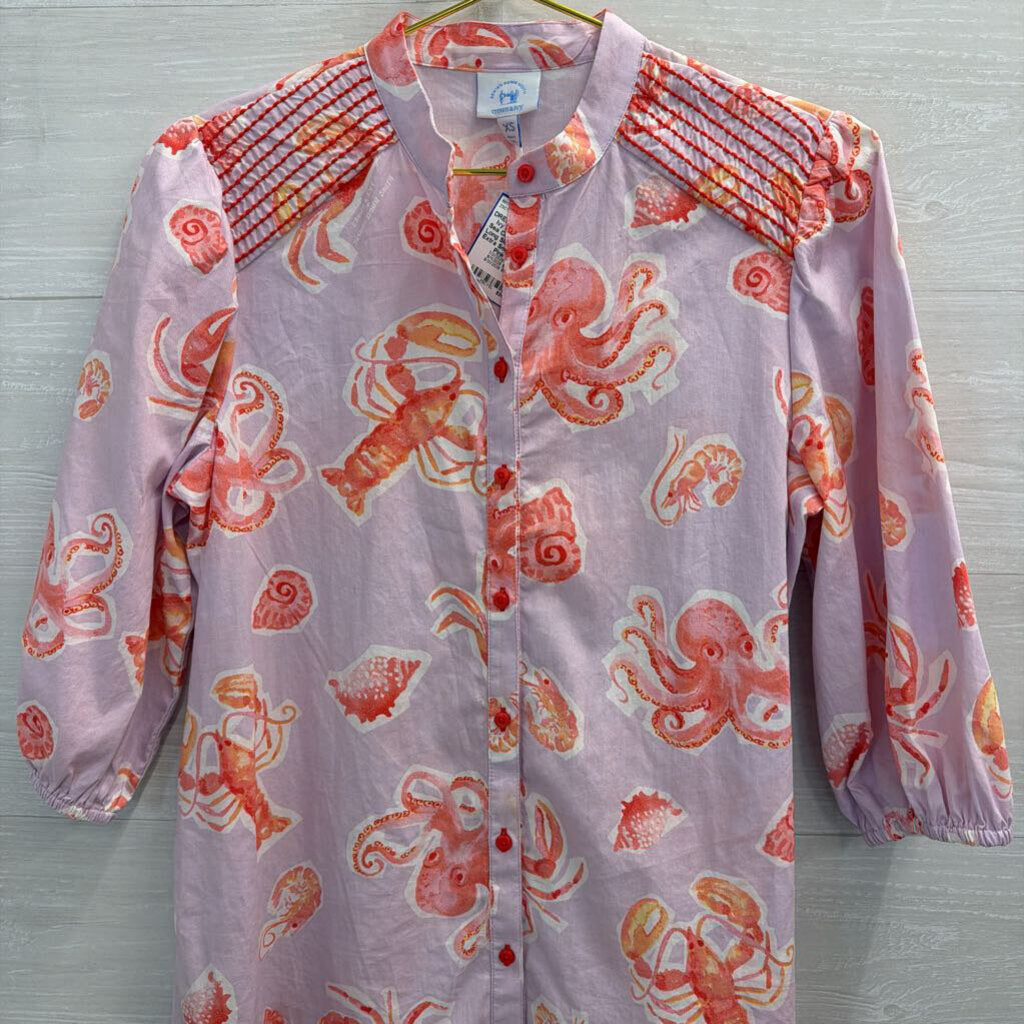 Purple/ Pink Sea Creature Print Long Sleeve Dress Extra Small