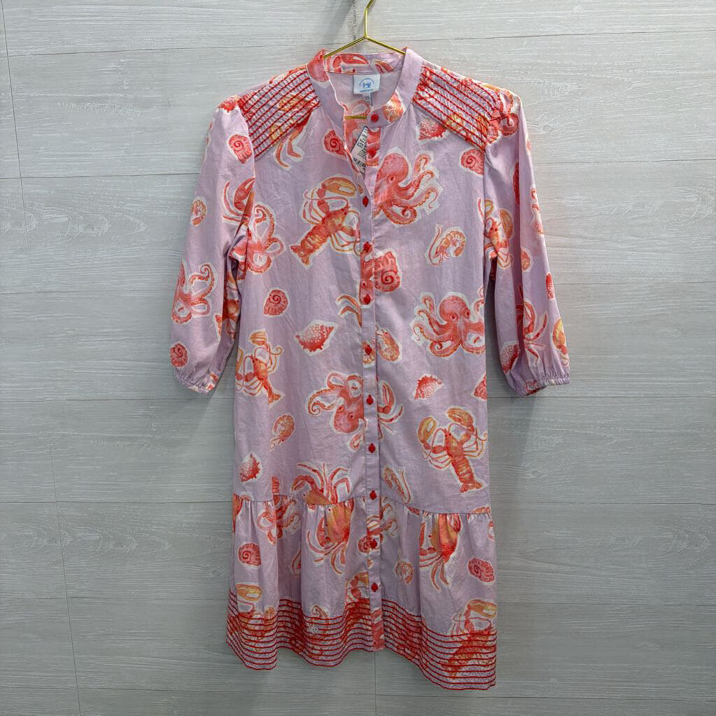 Purple/ Pink Sea Creature Print Long Sleeve Dress Extra Small