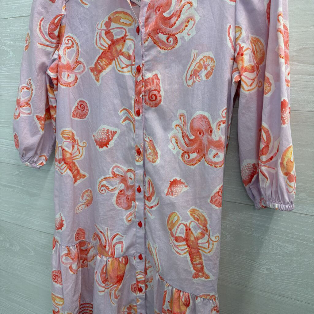 Purple/ Pink Sea Creature Print Long Sleeve Dress Extra Small