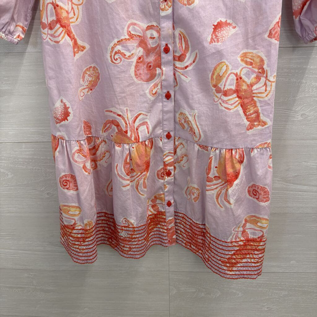 Purple/ Pink Sea Creature Print Long Sleeve Dress Extra Small