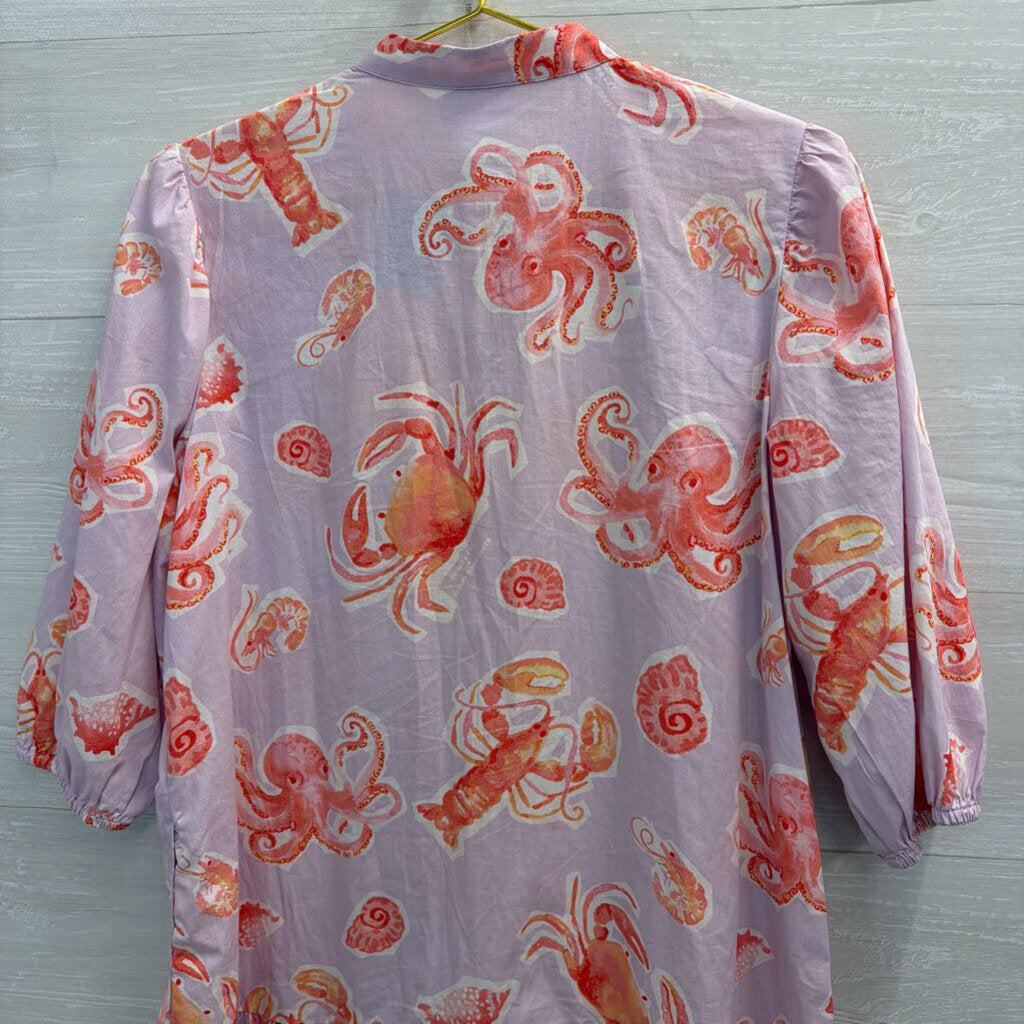 Purple/ Pink Sea Creature Print Long Sleeve Dress Extra Small