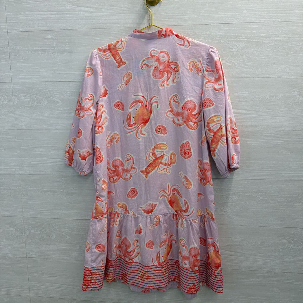 Purple/ Pink Sea Creature Print Long Sleeve Dress Extra Small