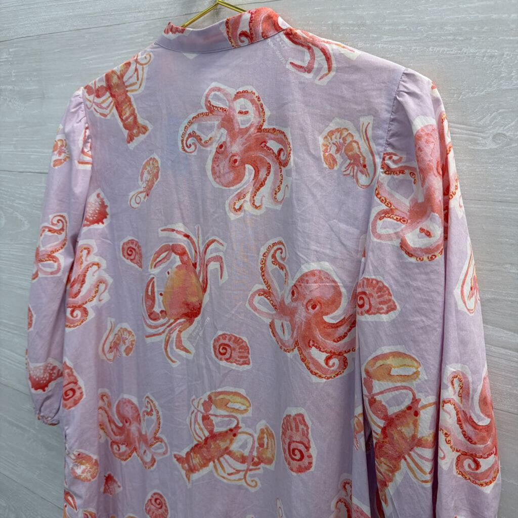 Purple/ Pink Sea Creature Print Long Sleeve Dress Extra Small