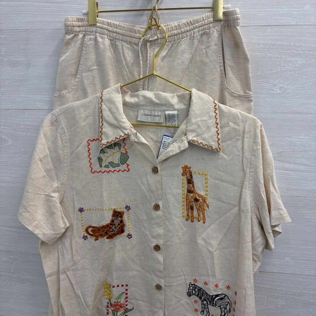 Lemon Grass Beige/ Multi Embroidered Safari Top/ Pants Set Large