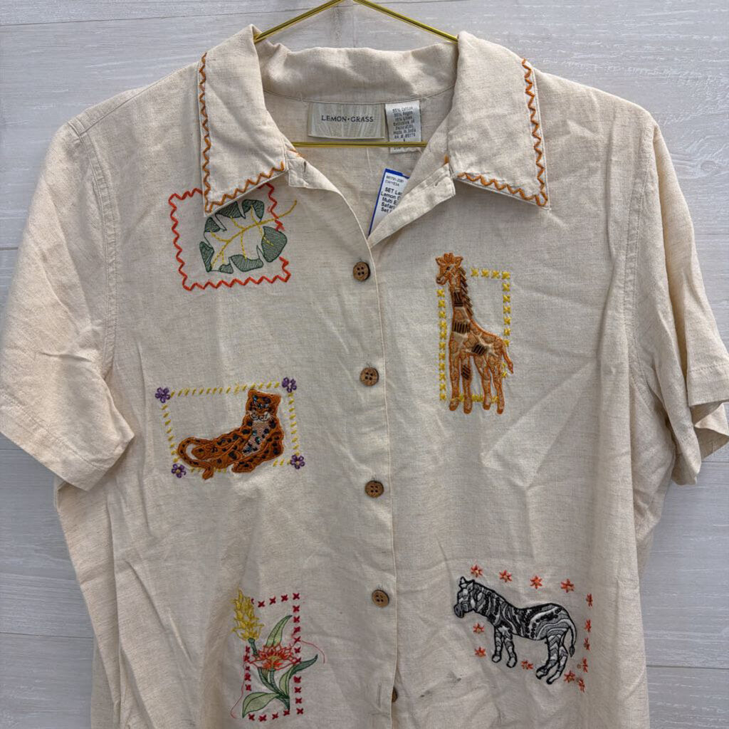 Lemon Grass Beige/ Multi Embroidered Safari Top/ Pants Set Large