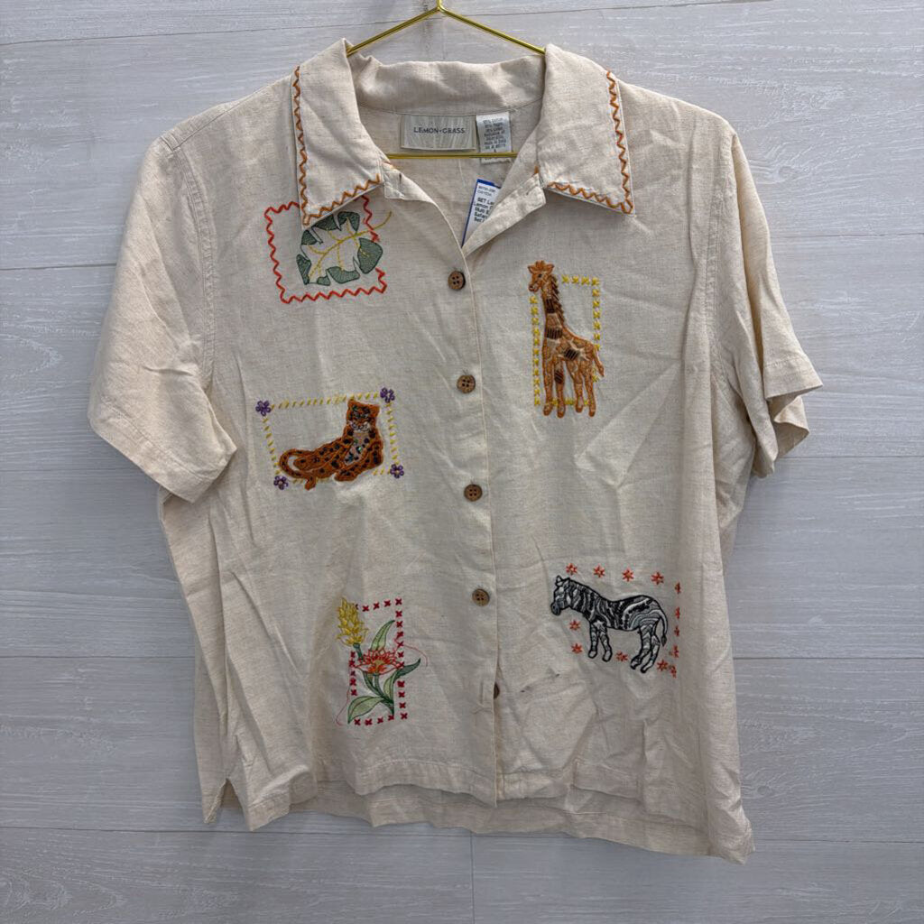 Lemon Grass Beige/ Multi Embroidered Safari Top/ Pants Set Large