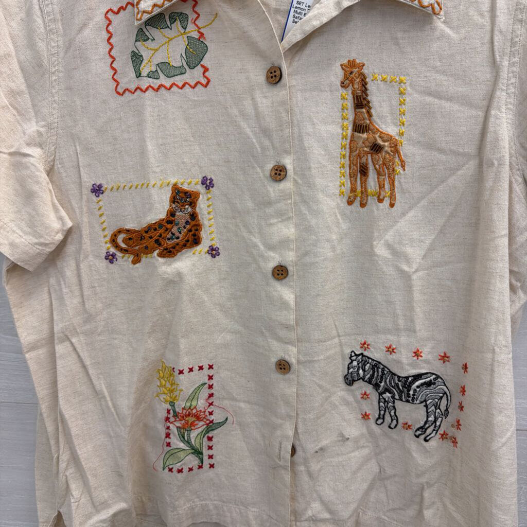 Lemon Grass Beige/ Multi Embroidered Safari Top/ Pants Set Large